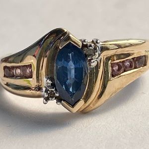 14k iolite and pink sapphire, 2 tiny diamonds ring